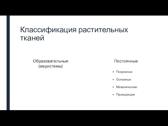 Классификация растительных тканей Образовательные (меристемы) Постоянные Покровные Основные Механические Проводящие