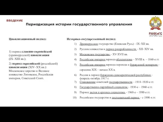 ВВЕДЕНИЕ Периодизация истории государственного управления Цивилизационный подход: Историко-государственный подход: 1)