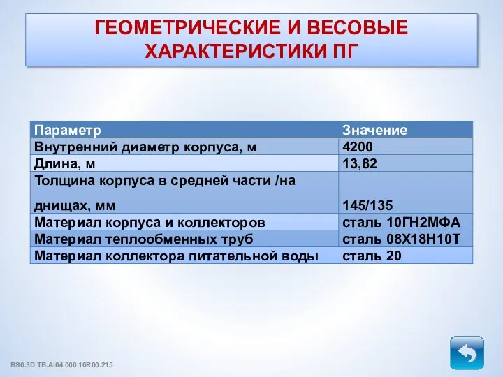 ГЕОМЕТРИЧЕСКИЕ И ВЕСОВЫЕ ХАРАКТЕРИСТИКИ ПГ BS0.3D.TB.AI04.000.16R00.215