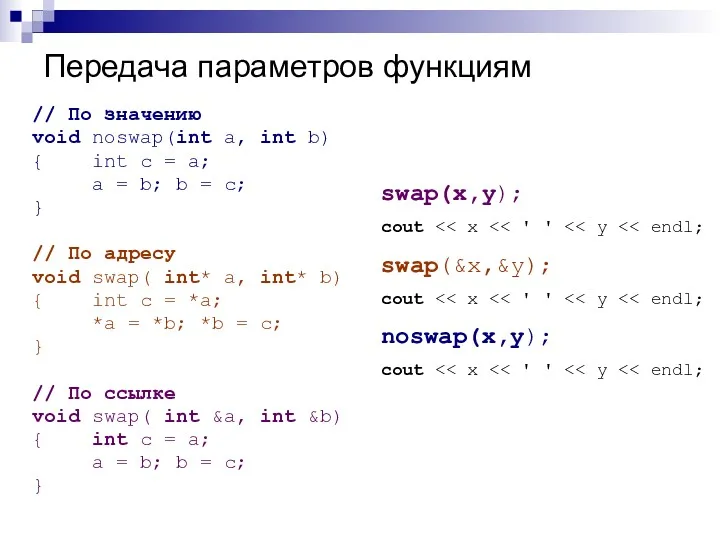 Передача параметров функциям // По значению void noswap(int a, int b) { int