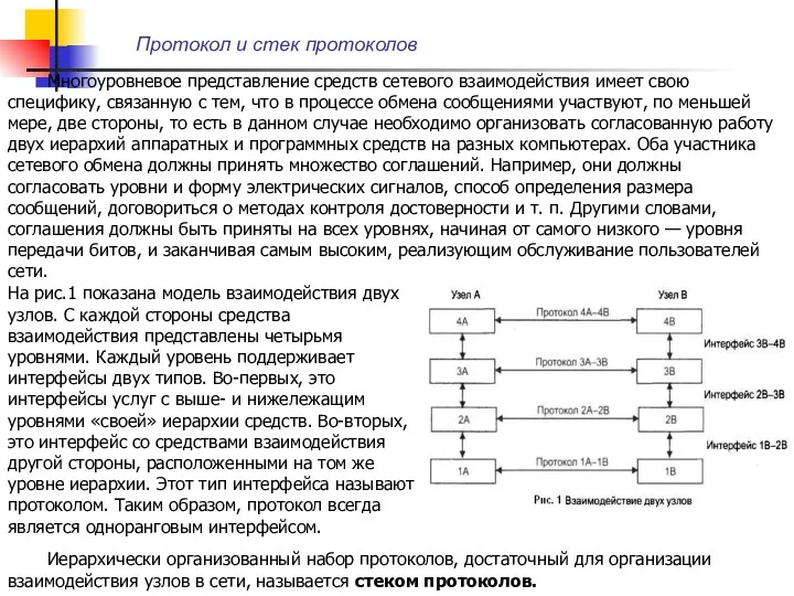 Протокол и стек протоколов Многоуровневое представление средств сетевого взаимодействия имеет