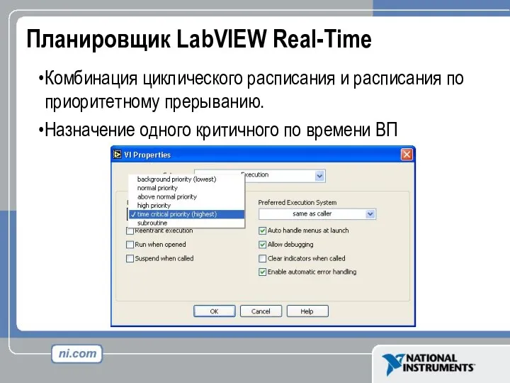 Планировщик LabVIEW Real-Time Комбинация циклического расписания и расписания по приоритетному прерыванию. Назначение одного