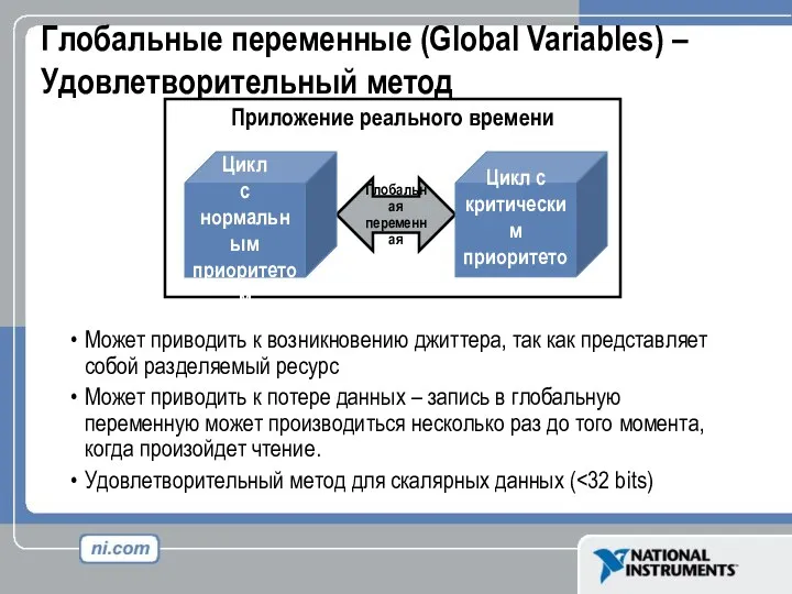 Глобальные переменные (Global Variables) – Удовлетворительный метод Может приводить к