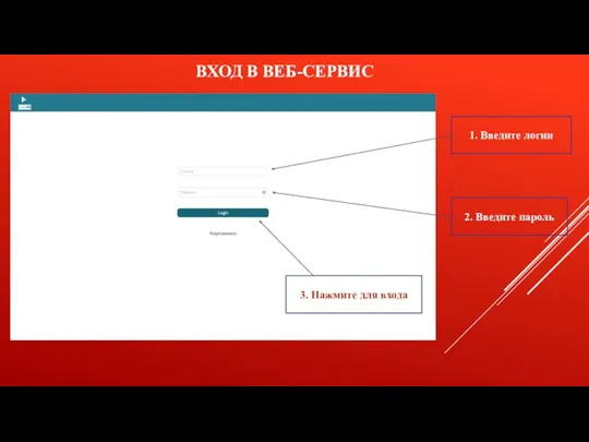 ВХОД В ВЕБ-СЕРВИС 1. Введите логин 2. Введите пароль 3. Нажмите для входа