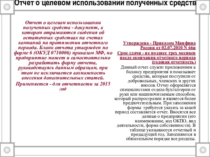 Отчет о целевом использовании полученных средств Отчет о целевом использовании полученных средств -