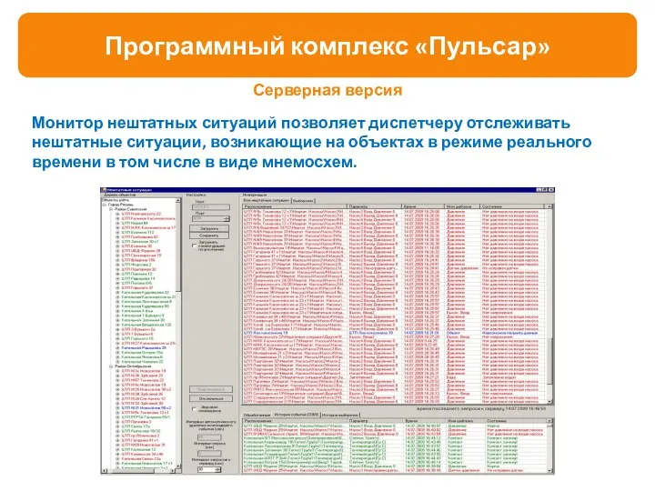 Монитор нештатных ситуаций позволяет диспетчеру отслеживать нештатные ситуации, возникающие на