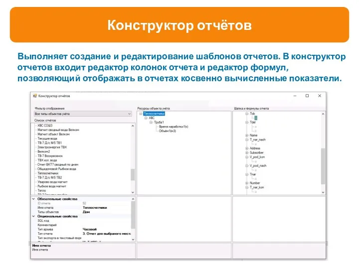 Выполняет создание и редактирование шаблонов отчетов. В конструктор отчетов входит редактор колонок отчета