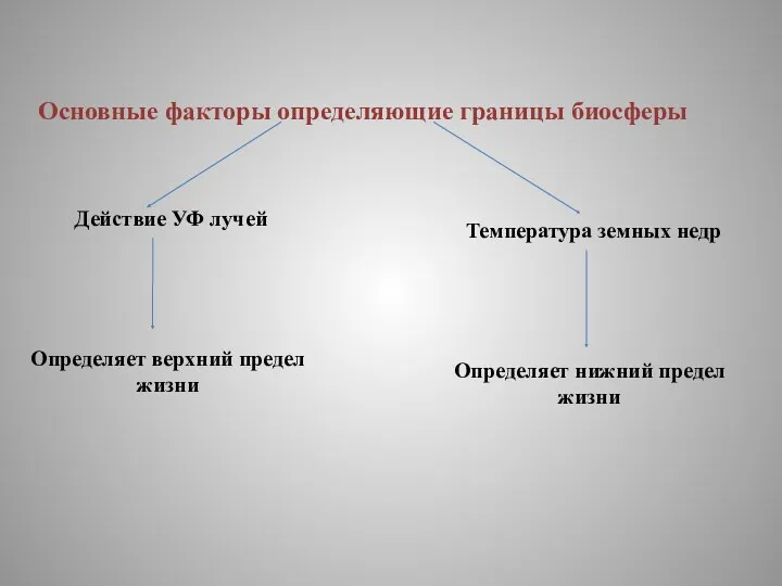 Основные факторы определяющие границы биосферы Действие УФ лучей Температура земных