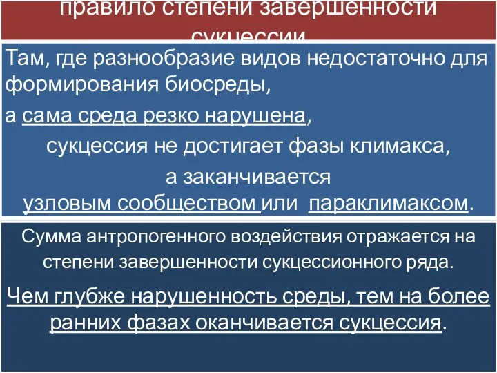 правило степени завершенности сукцессии Там, где разнообразие видов недостаточно для