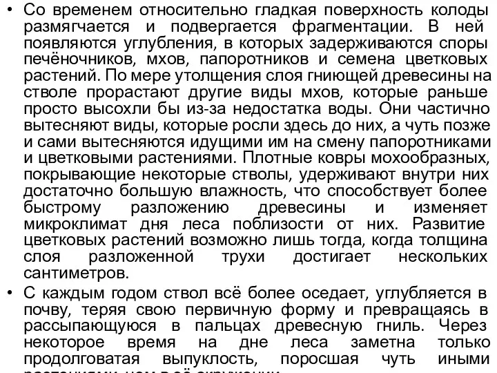 Со временем относительно гладкая поверхность колоды размягчается и подвергается фрагментации.