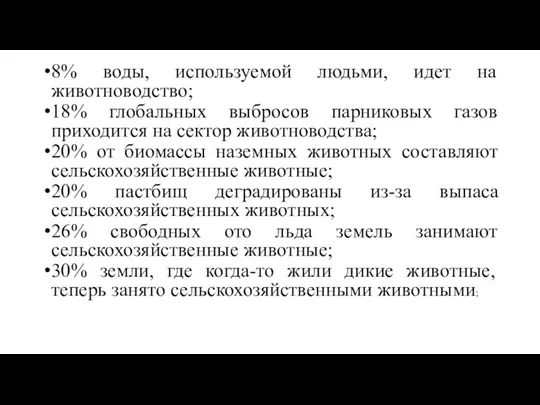 8% воды, используемой людьми, идет на животноводство; 18% глобальных выбросов