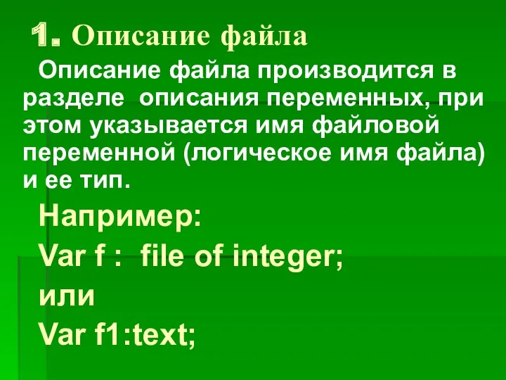 1. Описание файла Описание файла производится в разделе описания переменных, при этом указывается