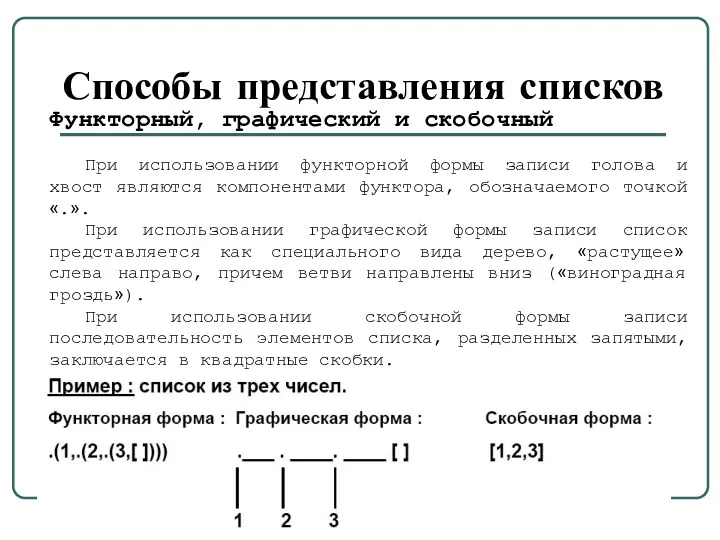 Способы представления списков Функторный, графический и скобочный При использовании функторной