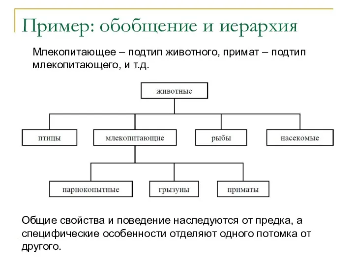 Пример: обобщение и иерархия Млекопитающее – подтип животного, примат –