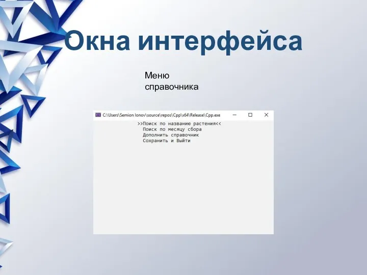 Окна интерфейса Меню справочника