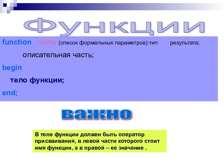 Функции function name (список формальных параметров):тип результата; описательная часть; begin тело функции; end;