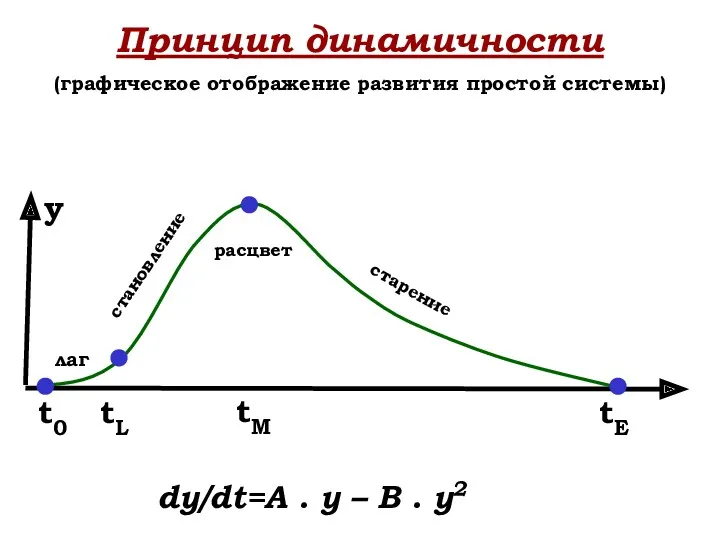 Принцип динамичности (графическое отображение развития простой системы) dy/dt=A . y – B . y2