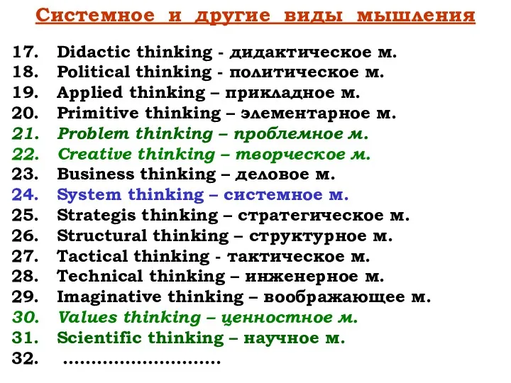 Системное и другие виды мышления Didactic thinking - дидактическое м. Political thinking -