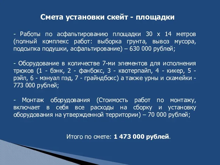 Смета установки скейт - площадки - Работы по асфальтированию площадки