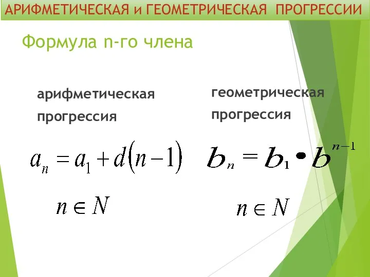 Формула n-го члена арифметическая прогрессия геометрическая прогрессия АРИФМЕТИЧЕСКАЯ и ГЕОМЕТРИЧЕСКАЯ ПРОГРЕССИИ