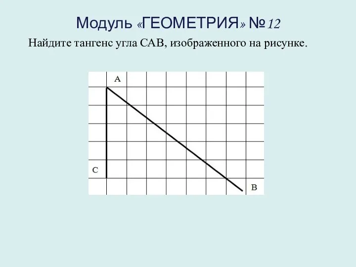 Модуль «ГЕОМЕТРИЯ» №12 Найдите тангенс угла САВ, изображенного на рисунке.