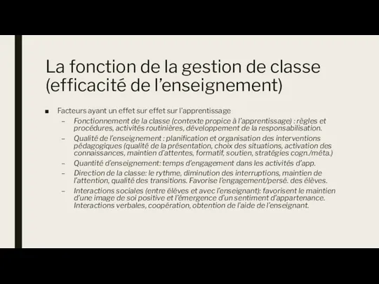 La fonction de la gestion de classe (efficacité de l’enseignement)