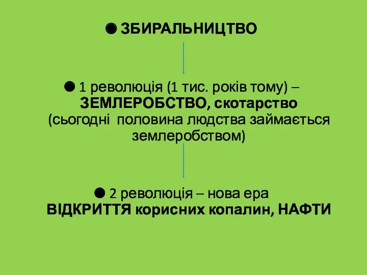 ЗБИРАЛЬНИЦТВО 1 революція (1 тис. років тому) – ЗЕМЛЕРОБСТВО, скотарство