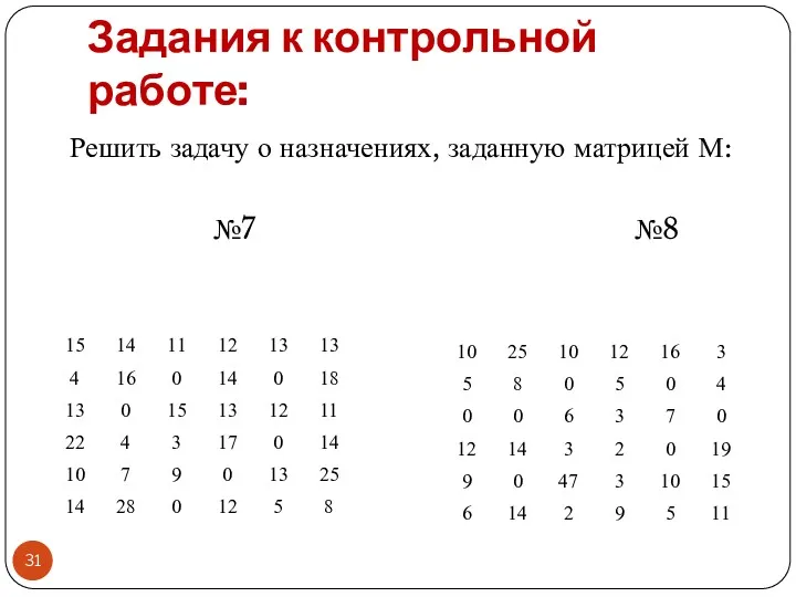 Задания к контрольной работе: Решить задачу о назначениях, заданную матрицей М: №7 №8