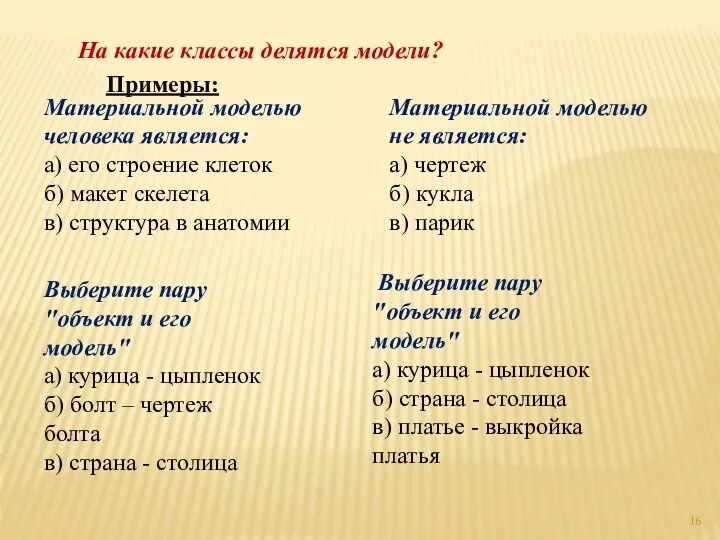 На какие классы делятся модели? Материальной моделью человека является: а)