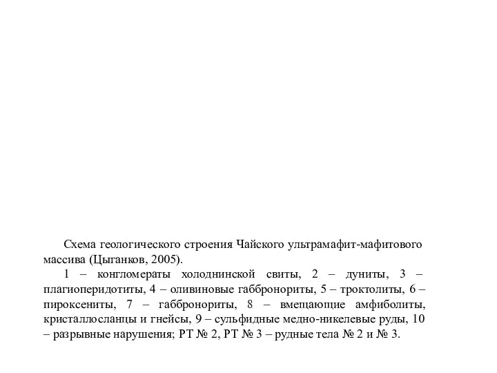 Схема геологического строения Чайского ультрамафит-мафитового массива (Цыганков, 2005). 1 –