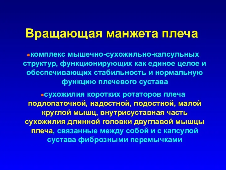 Вращающая манжета плеча комплекс мышечно-сухожильно-капсульных структур, функционирующих как единое целое