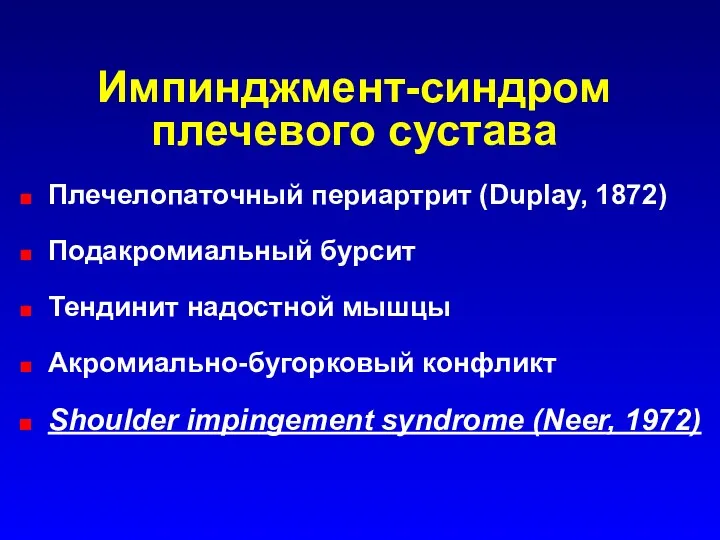 Импинджмент-синдром плечевого сустава Плечелопаточный периартрит (Duplay, 1872) Подакромиальный бурсит Тендинит