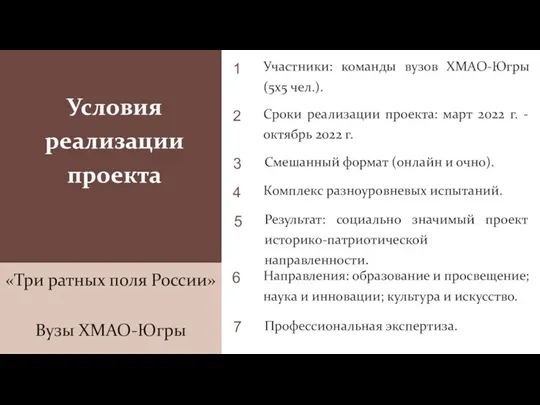 Условия реализации проекта «Три ратных поля России» Вузы ХМАО-Югры
