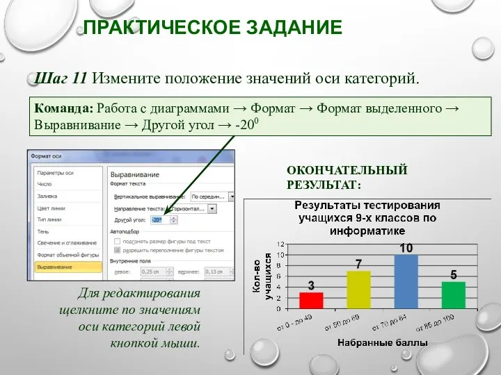 ПРАКТИЧЕСКОЕ ЗАДАНИЕ Шаг 11 Измените положение значений оси категорий. Команда: