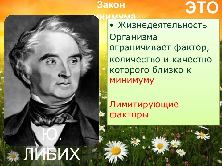 Закон минимума ЭТО? Жизнедеятельность Организма ограничивает фактор, количество и качество