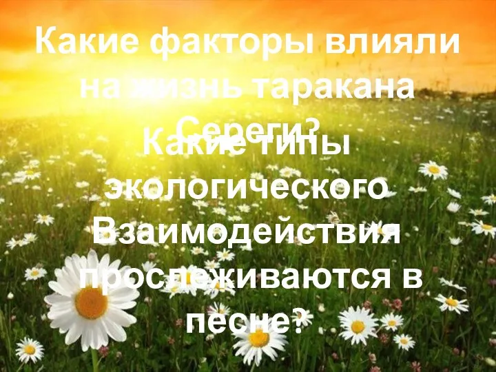 Какие факторы влияли на жизнь таракана Сереги? Какие типы экологического Взаимодействия прослеживаются в песне?