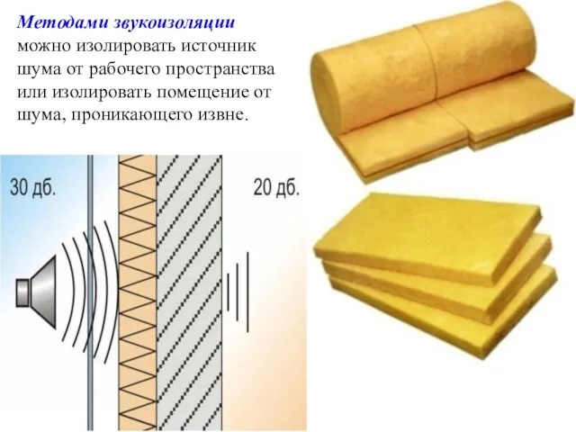 Методами звукоизоляции можно изолировать источник шума от рабочего пространства или изолировать помещение от шума, проникающего извне.