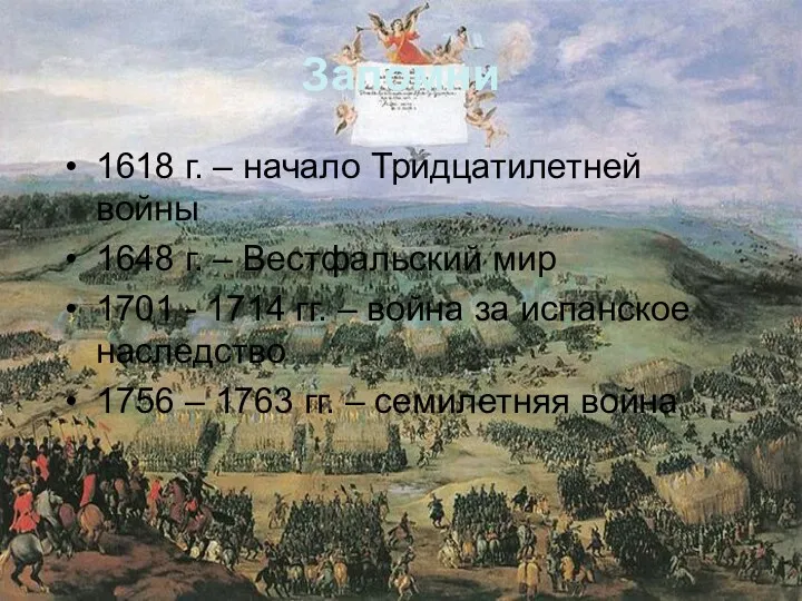Запомни 1618 г. – начало Тридцатилетней войны 1648 г. –
