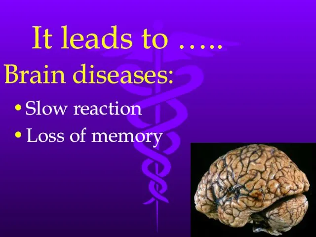 Slow reaction Loss of memory It leads to ….. Brain diseases: