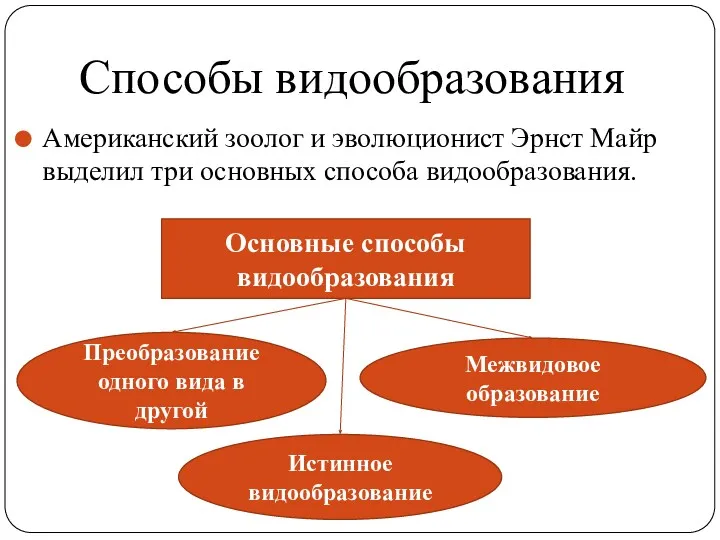 Способы видообразования Американский зоолог и эволюционист Эрнст Майр выделил три