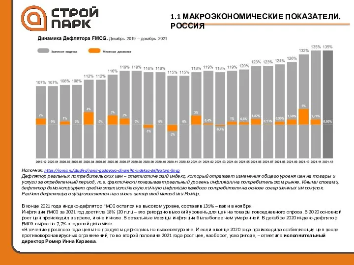 1.1 МАКРОЭКОНОМИЧЕСКИЕ ПОКАЗАТЕЛИ. РОССИЯ Источник: https://romir.ru/studies/romir-godovaya-dinamika-indeksa-deflyatora-fmcg Дефлятор реальных потребительских цен