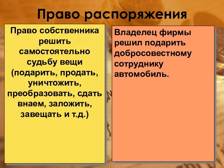 Право распоряжения Право собственника решить самостоятельно судьбу вещи (подарить, продать,