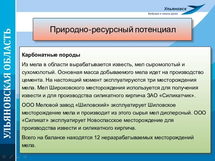 Природно-ресурсный потенциал Карбонатные породы Из мела в области вырабатывается известь,