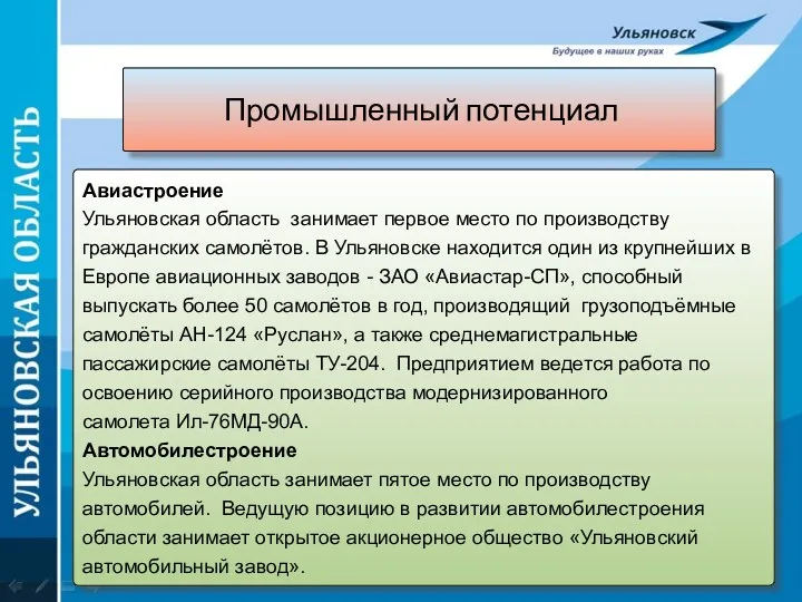 Промышленный потенциал Авиастроение Ульяновская область занимает первое место по производству