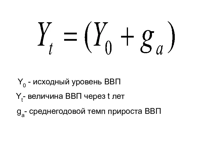 Y0 - исходный уровень ВВП Yt- величина ВВП через t лет ga- среднегодовой темп прироста ВВП