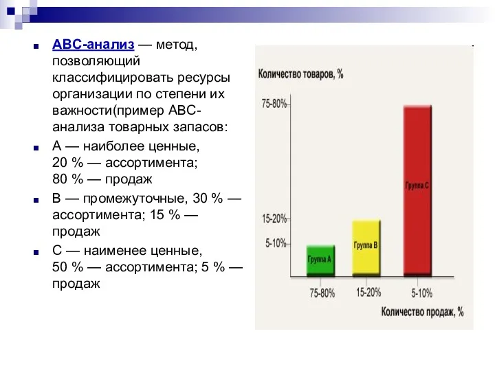 ABC-анализ — метод, позволяющий классифицировать ресурсы организации по степени их