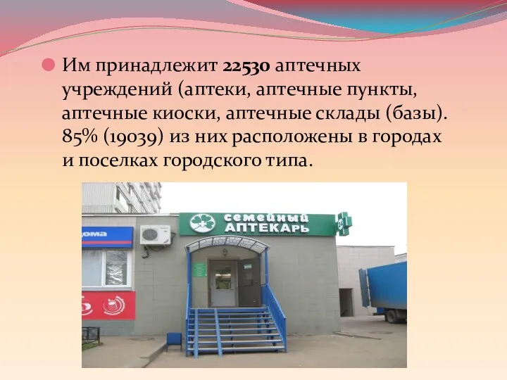 Им принадлежит 22530 аптечных учреждений (аптеки, аптечные пункты, аптечные киоски,