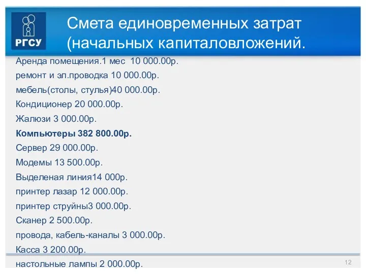 Аренда помещения.1 мес 10 000.00р. ремонт и эл.проводка 10 000.00р.