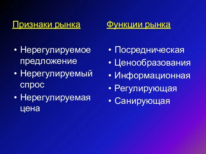 Признаки рынка Нерегулируемое предложение Нерегулируемый спрос Нерегулируемая цена Функции рынка Посредническая Ценообразования Информационная Регулирующая Санирующая