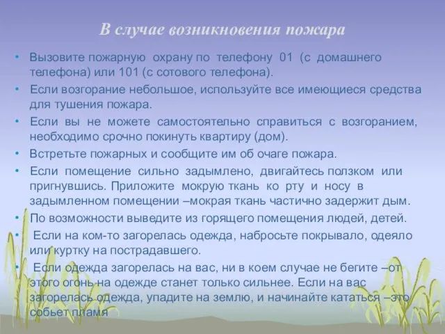 В случае возникновения пожара Вызовите пожарную охрану по телефону 01